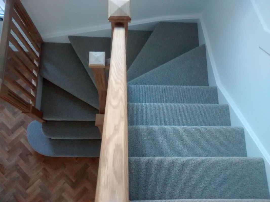 Grey wool carpet Shaun fitted up a staircase in a Stroud home